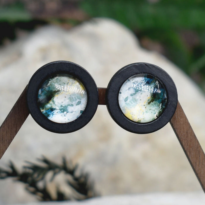 Wood Stud Earrings With Glass Cabochon #195
