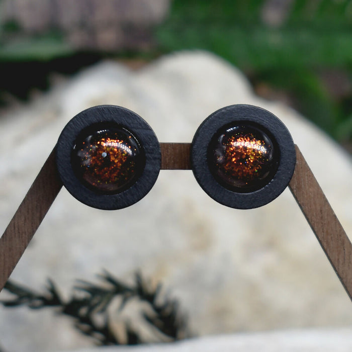 Wood Stud Earrings With Resin Chameleon Cabochon #238