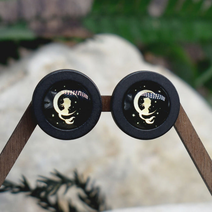 Wood Stud Earrings With Glass Cabochon #220