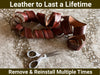 Rolled brown leather strip with scissors on a textured surface, text 'Leather to Last a Lifetime' and 'Remove & Reinstall Multiple Times'.
