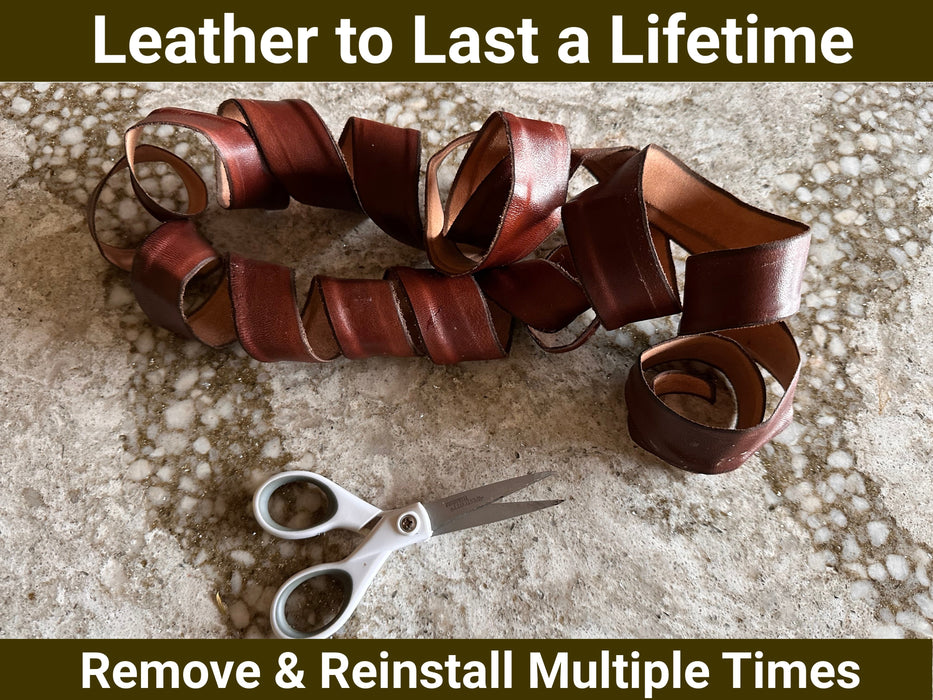 Rolled brown leather strip with scissors on a textured surface, text 'Leather to Last a Lifetime' and 'Remove & Reinstall Multiple Times'.