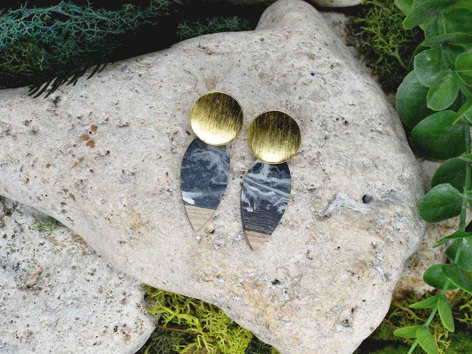 Wood Dangle Earrings with Black-White Resin #460