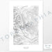 Example art map print of Longs Peak, Colorado. Art uses verticle orientation. Print shows landscape of the area using elevation data. On the artwork is a title and concise info of location and elevation. Custom map decor