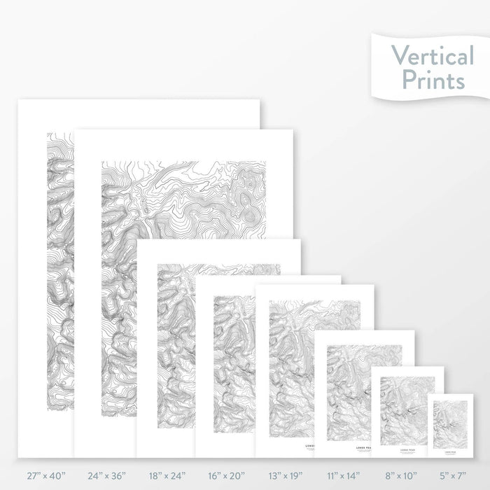 Side-by-side comparison of 8 dimension options for adventure travel art. Prints are decorative topographic maps of Longs Peak, Colorado.