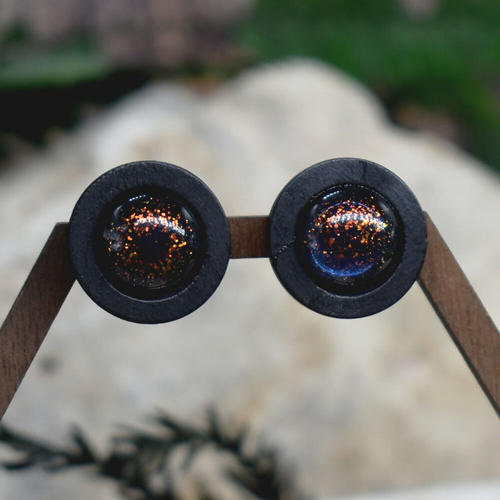 Wood Stud Earrings With Resin Chameleon Cabochon #235