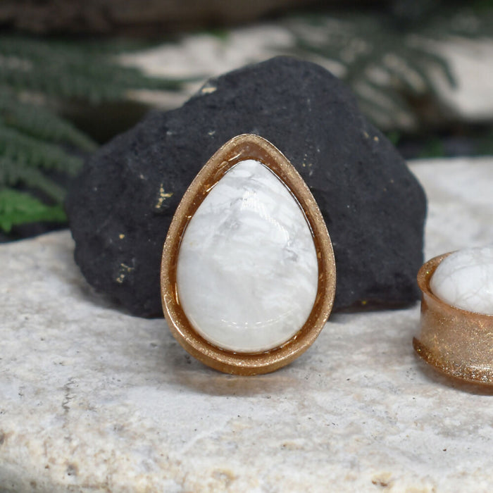 Teardrop Ear Tunnels 25mm Howlite | Pair | Ear Plugs | Gauge Earrings | Gauged Plugs | Resin #38