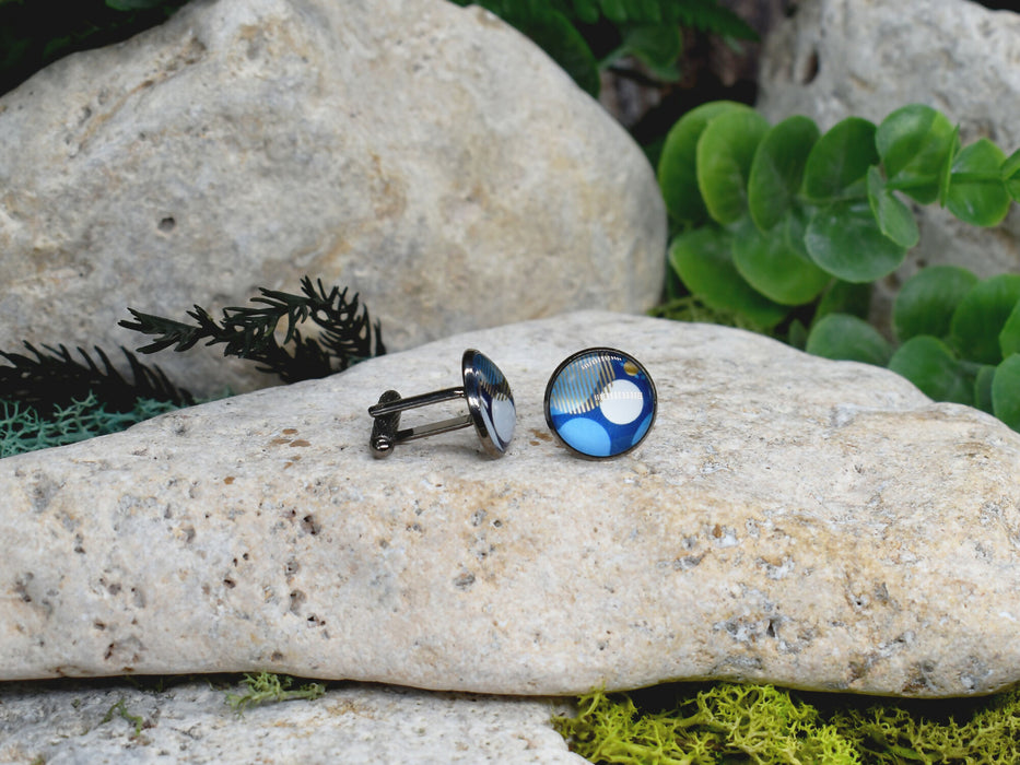 Black Steel Cufflinks with Abstract Glass #209