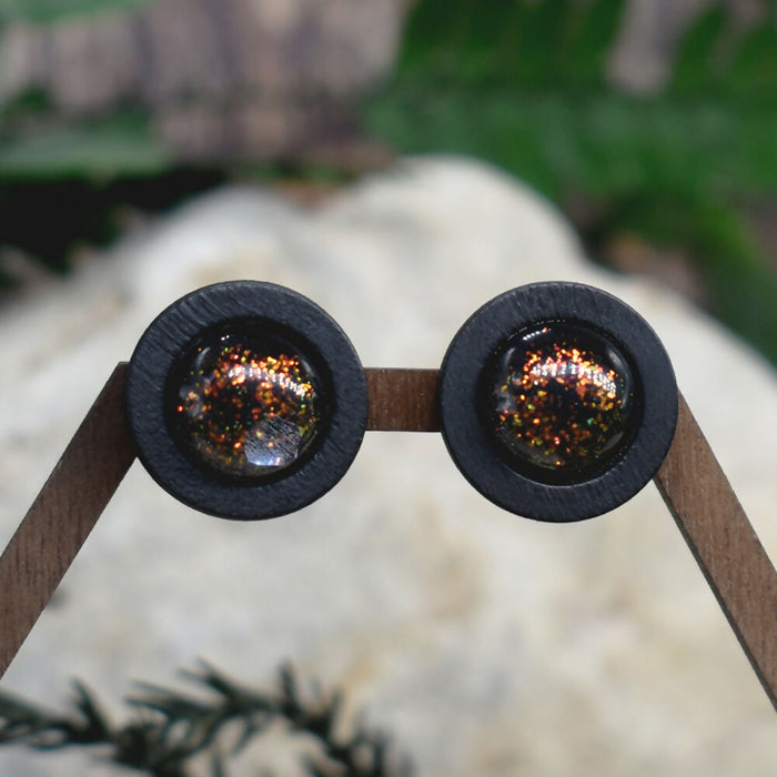 Wood Stud Earrings With Resin Chameleon Cabochon #223