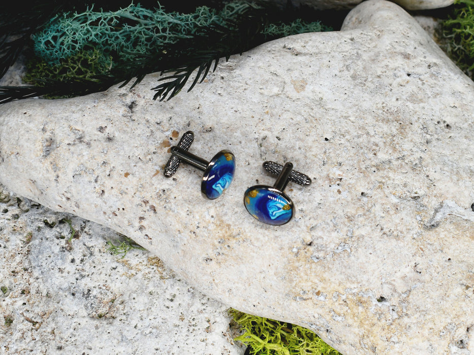 Black Steel Cufflinks with Abstract Glass #228