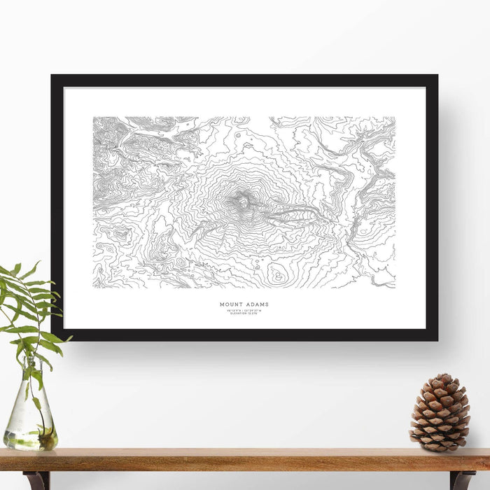 Framed travel art of Mount Adams, Washington featuring topography map art in black and white.
