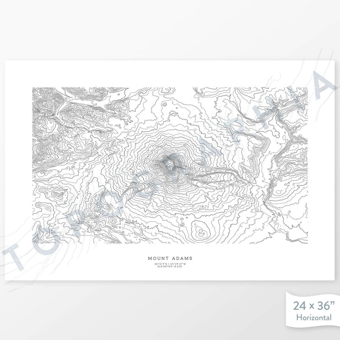 Mountain art print of Mount Adams, Washington with a topographic map. Black contour lines on a white background.