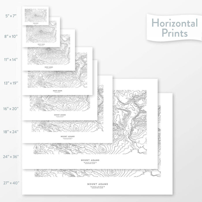 Decorative maps in many sizes of Mount Adams, Washington topography: 5x7, 8x10, 11x14, 16x20, 18x24, 24x36, and 27x40.