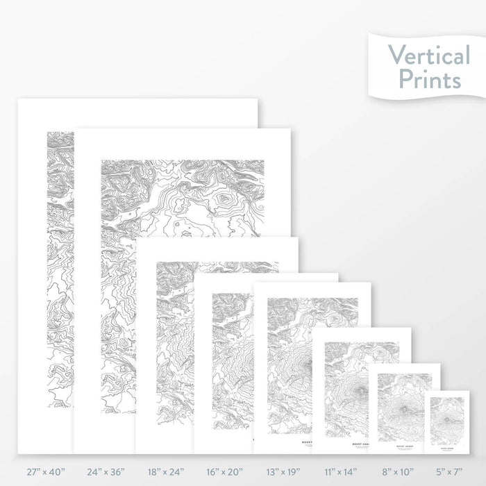 All sizes of Mount Adams, Washington topography vertical prints.
