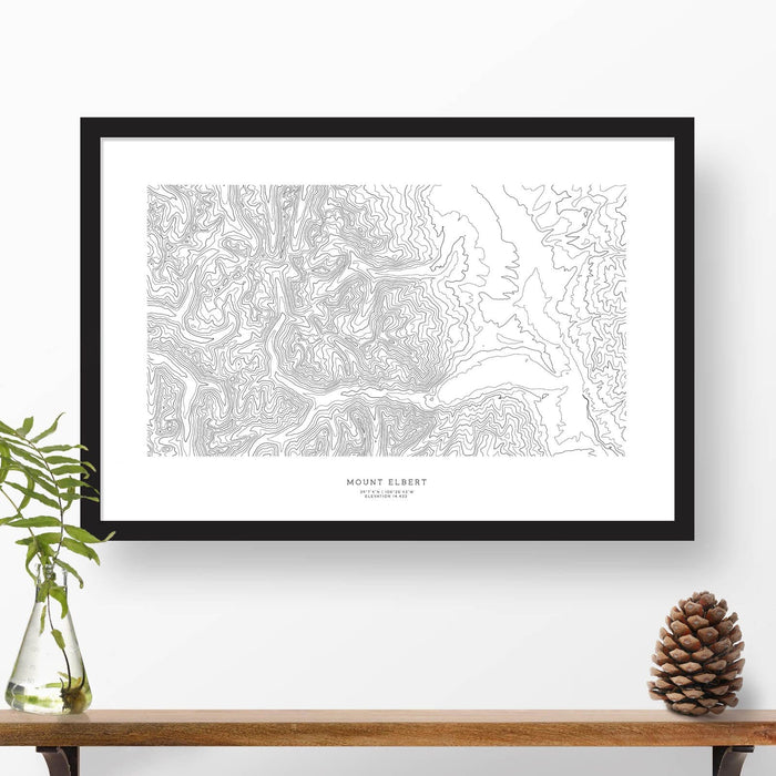 Framed black and white print of Mount Elbert, Colorado with topography art.