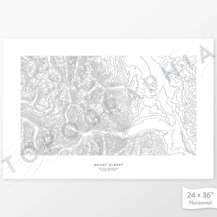 Horizontal custom topo map print of Mount Elbert, Colorado. Contour lines show the steep topography of the area. Mountain map art.