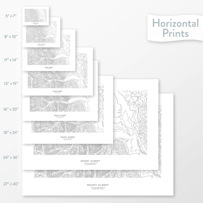 All sizes of horizontal prints for Mount Elbert, Colorado poster with topographic map.