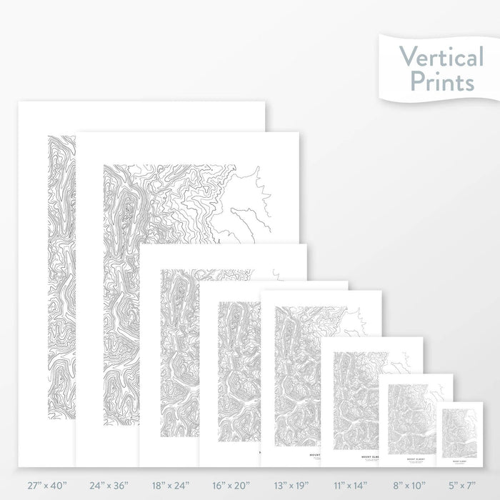 Side-by-side comparison of 8 dimension options for adventure travel art. Prints are decorative topographic maps of Mount Elbert, Colorado.