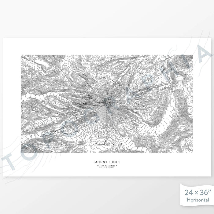 Horizontal custom topo map print of Mount Hood, Oregon. Contour lines show the mountain topography of the area. Mountain elevation artwork