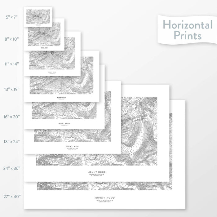 Mountain art of Mount Hood, Oregon. Map wall decor is available in multiple sizes: 5x7, 8x10, 11x14, 16x20, 18x24, 24x36, and 27x40.