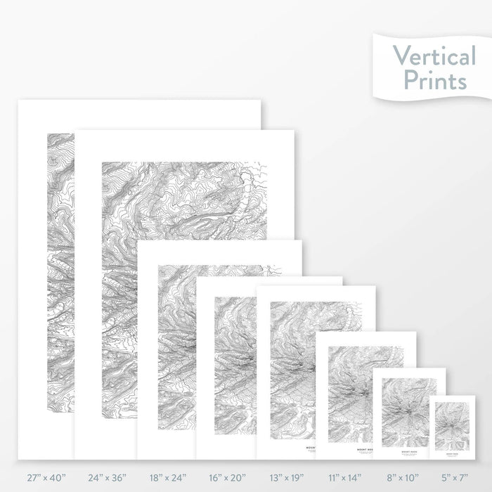 6 sizes of Mount Hood, Oregon poster that features a topographic map design.