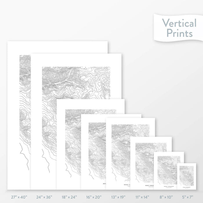 Topographic map art of Mount Timpanogos, Utah available to buy as posters, framed posters, and wrapped canvas wall art. Sized at 5x7, 8x10, 11x14, 16x20, 18x24, 24x36, and 27x40 inches.