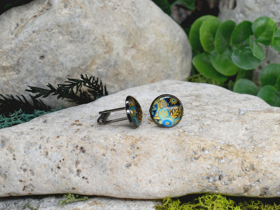 Black Steel Cufflinks with Abstract Glass #217