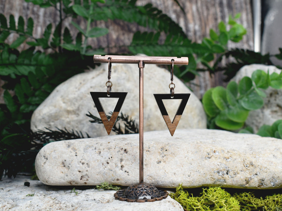 Wood Dangle Earrings with Black Resin #258