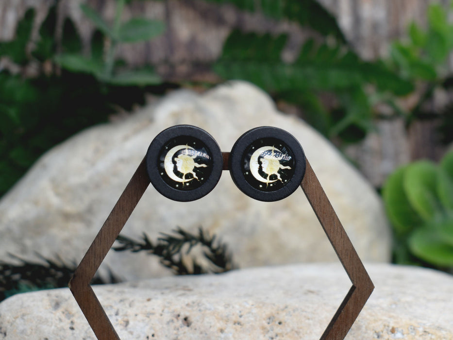 Wood Stud Earrings With Glass Cabochon #193