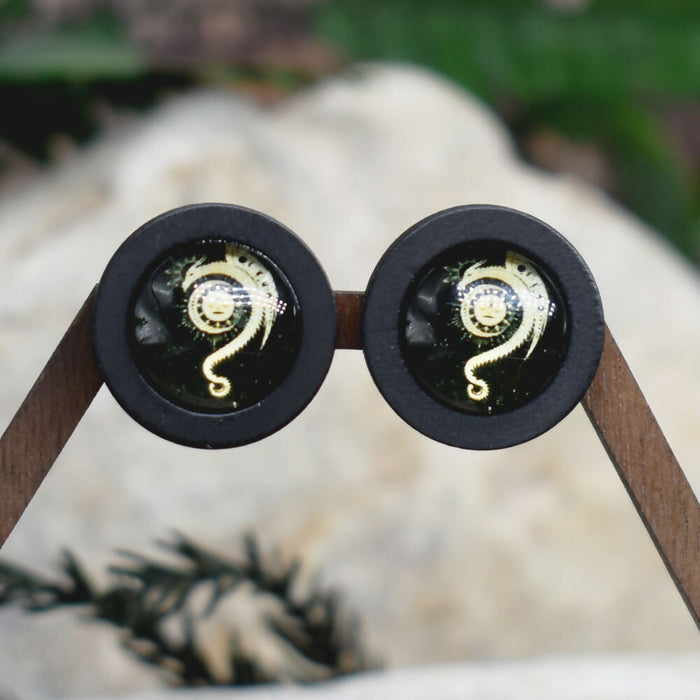 Wood Stud Earrings With Glass Cabochon #196