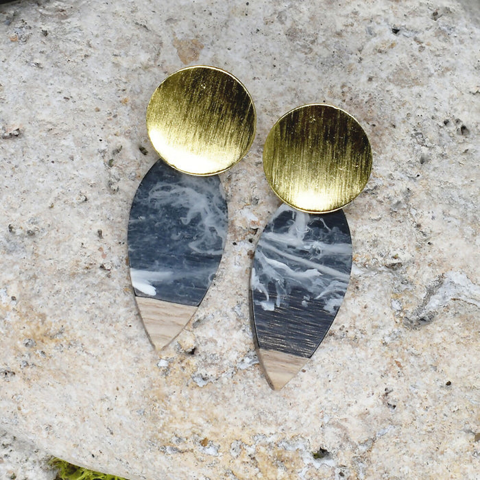 Wood Dangle Earrings with Black-White Resin #460