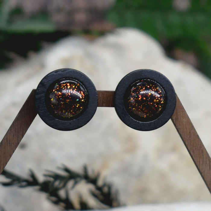 Wood Stud Earrings With Resin Chameleon Cabochon #230
