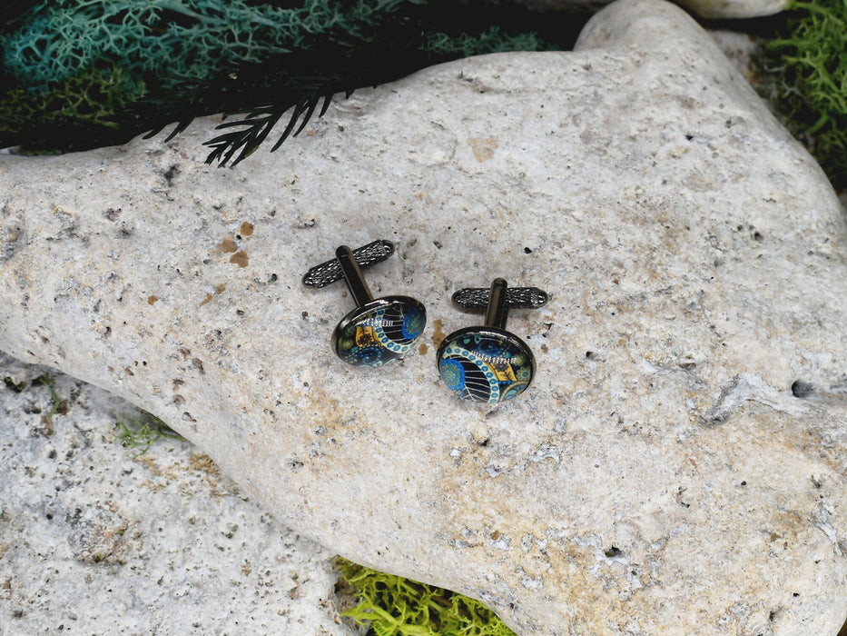 Black Steel Cufflinks with Abstract Glass #215