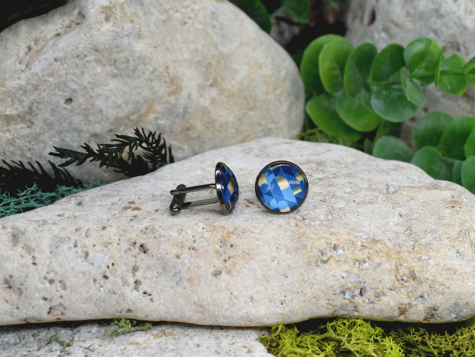 Black Steel Cufflinks with Abstract Glass #208