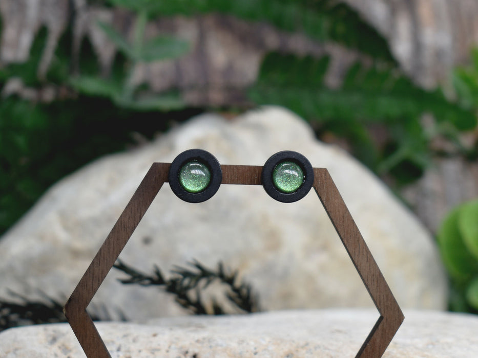 Wood Stud Earrings With Resin Chameleon Cabochon #228