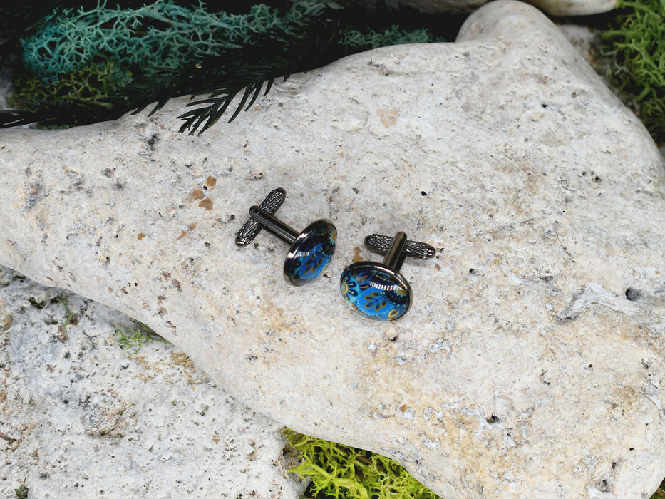 Black Steel Cufflinks with Abstract Glass #219