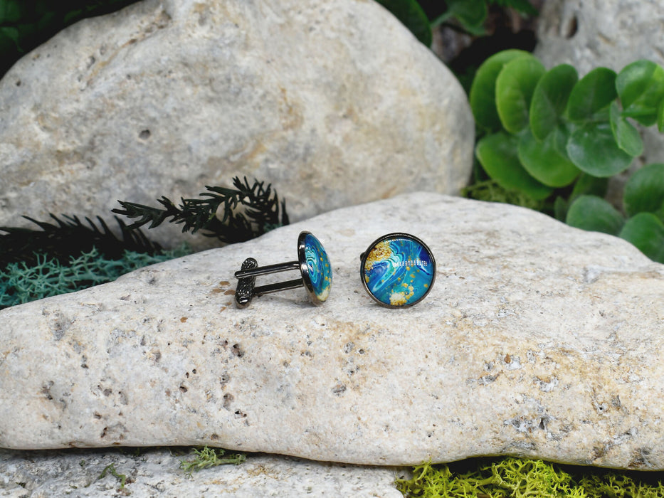 Black Steel Cufflinks with Abstract Glass #226
