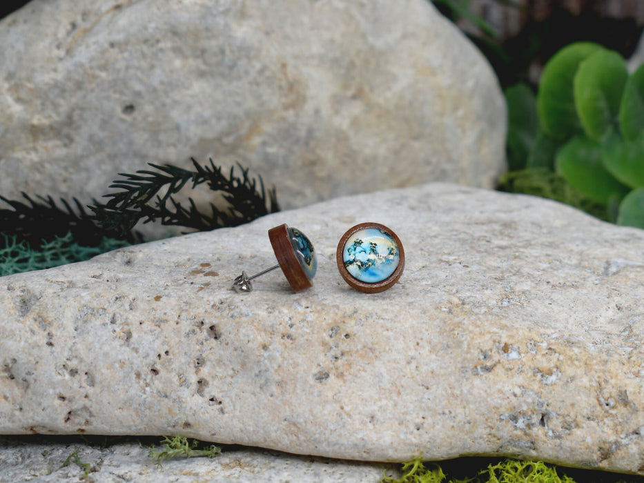 Wood Stud Earrings With Resin Cabochon #368