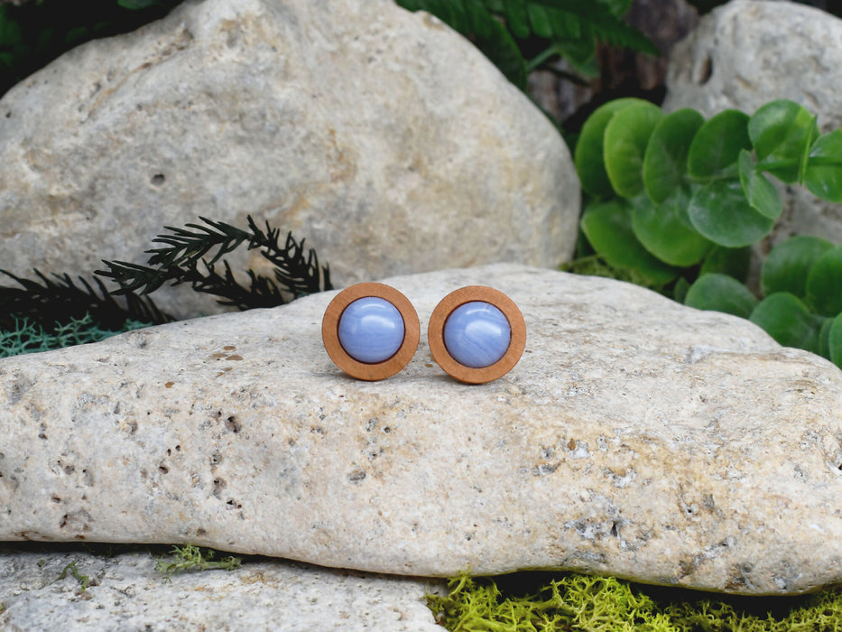 Wood Cufflinks with Blue Agate Stone #189