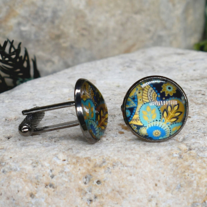 Black Steel Cufflinks with Abstract Glass #217