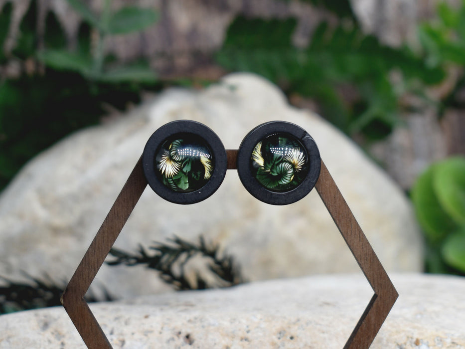 Wood Stud Earrings With Glass Tropical Cabochon #179