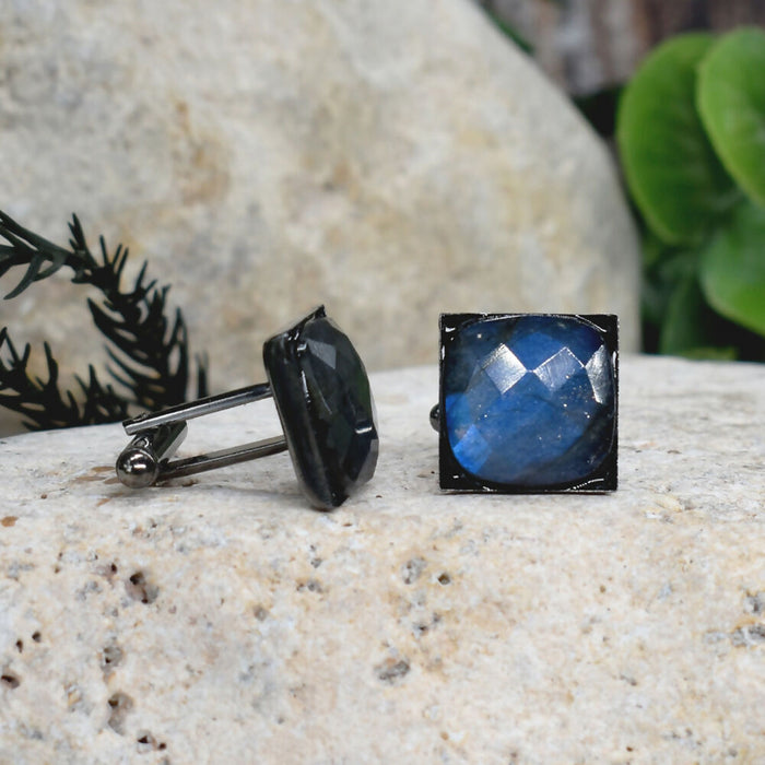 Black Steel Cufflinks with Labradorite Stone #184