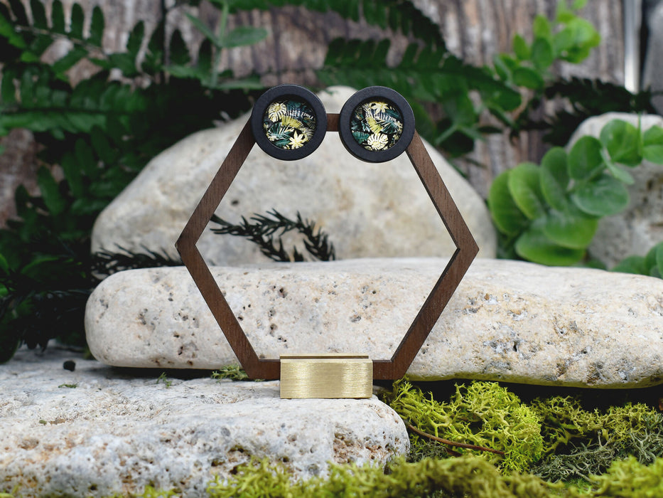 Wood Stud Earrings With Glass Tropical Cabochon #178