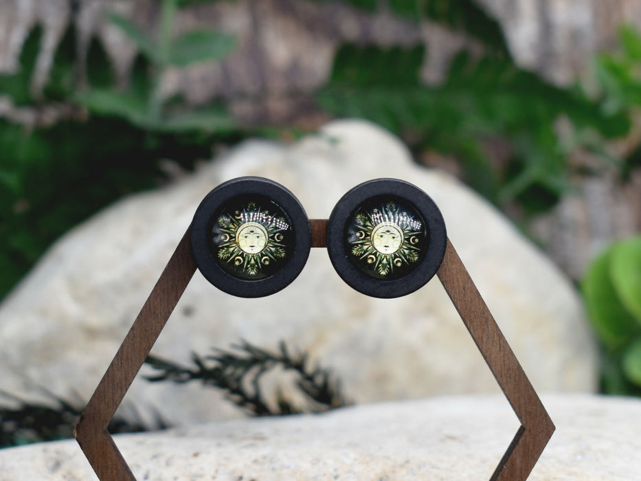 Wood Stud Earrings With Glass Cabochon #171