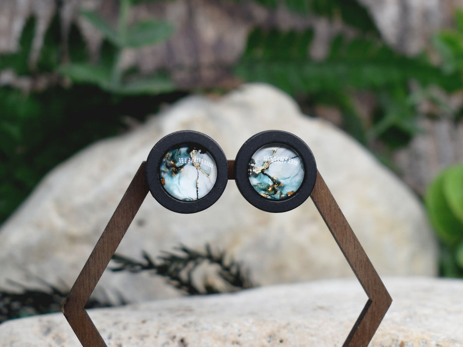 Wood Stud Earrings With Glass Cabochon #209