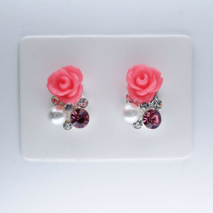 Magnetic_Clip_On_Invisible_Clipon_Stud_Pierced_Nonpierced_Earring_Earrings_Ear_FlatBack_Flower_rose_Rhinestone_Hot_Pink_White_pearl_10mm_card