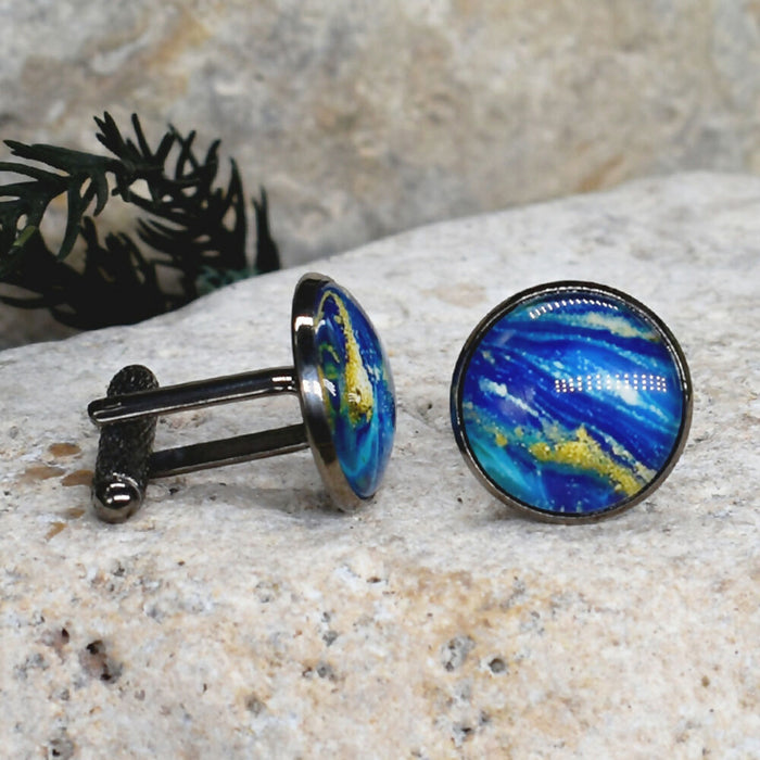 Black Steel Cufflinks with Abstract Glass #227