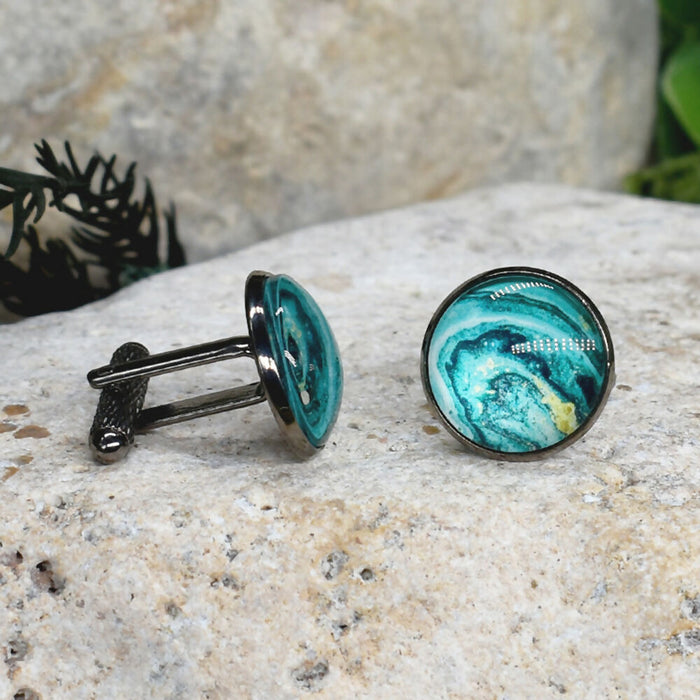 Black Steel Cufflinks with Abstract Glass #201