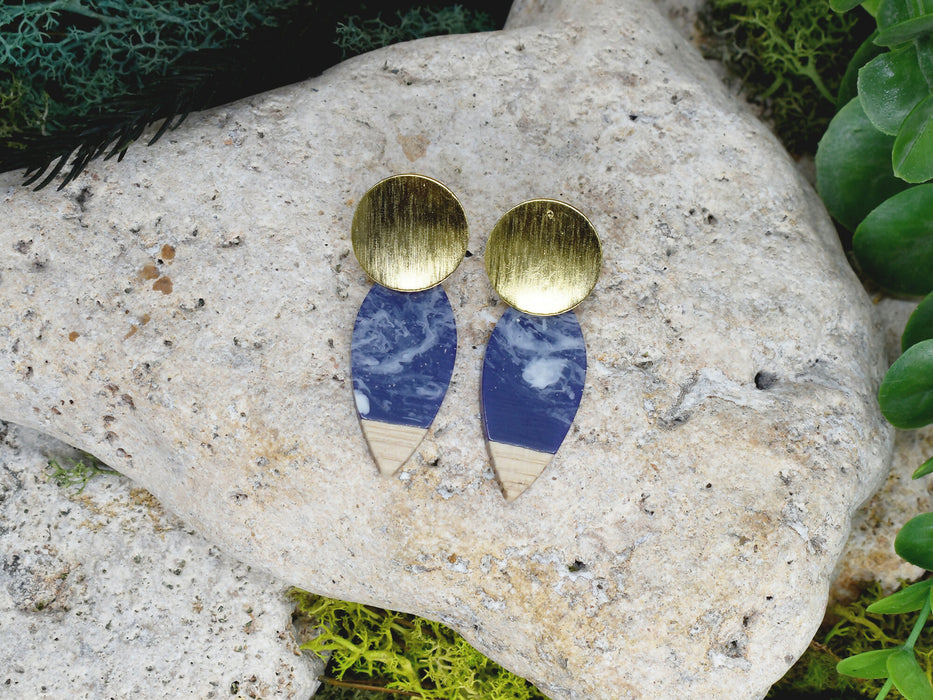 Wood Dangle Earrings with Blue Resin #459