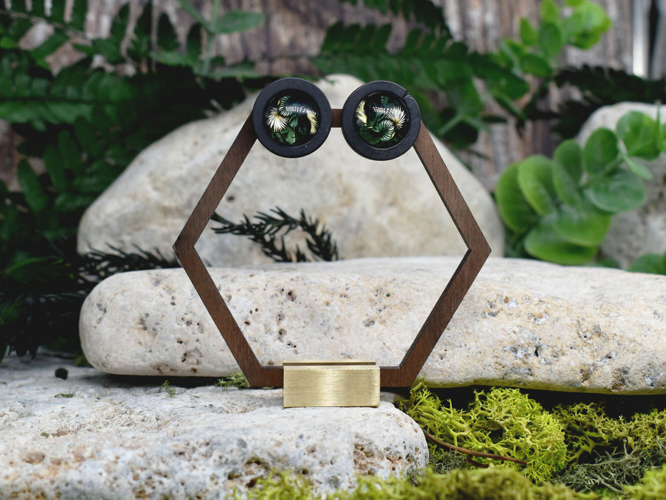 Wood Stud Earrings With Glass Tropical Cabochon #179