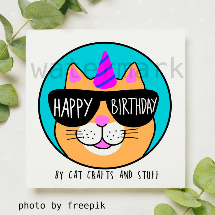 Cool Ginger Cat In Sunglasses (Instant Digital Download- Printable Birthday Card). Watermark will NOT appear in download you purchase.